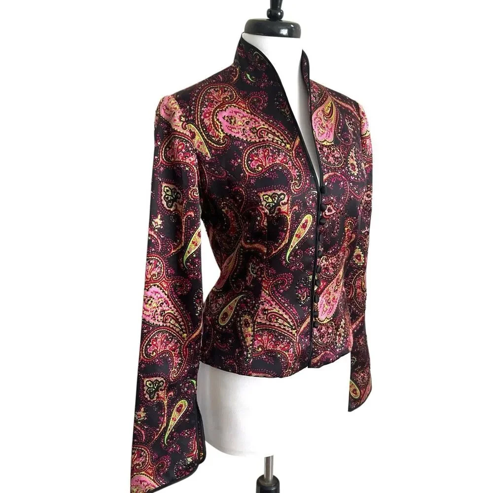 JS Collection Beaded Paisley Jacket Sz 4 Silk Mandarin Collar Evening Event VTG